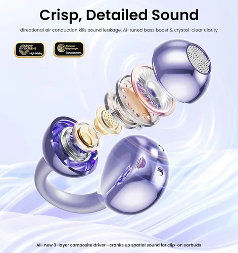 Vista 4 de Auriculares con clip, auriculares de oreja abierta inalámbricos Bluetooth 5.4, auriculares ligeros de oreja abierta con micrófono batería 59H