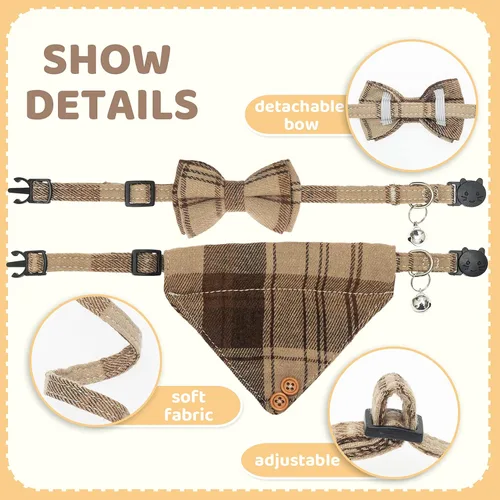 Vista 3 de Breakaway - Collares para gatos – Pajarita a cuadros y bandana para gatos con campana para niñas y niños, accesorios suaves y ajustables