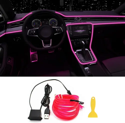 Vista 11 de Tira de luces LED de alambre EL para interior del automóvil, tira de cable USB de neón brillante estroboscópico de 16.5 pies con borde de costura