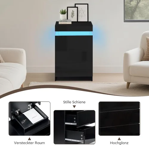 Vista 6 de TUKAILAi Mesita de noche con luz LED, moderna mesita de noche negra con tapa abatible, mesita de noche pequeña con 3 cajones de madera, mesa