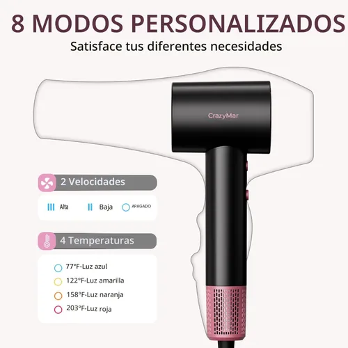 Vista 5 de Secador de pelo iónico con difusor y concentrador, secadora de alta velocidad de 180,000 rpm, secado rápido de 3 minutos, control de calor, bajo