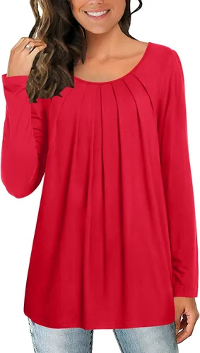 Vista 2 de Anymeet 2023 Womens Spring Fall Tunic Top Long Sleeve Casual Tee Pleated Shirts Comfy Loose Blouses