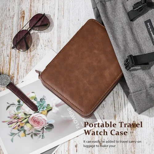 Vista 4 de BEWISHOME Estuche de viaje para relojes, cajas de reloj con 8 ranuras para hombre, organizador de relojes portátil, vitrina de relojes, accesorio