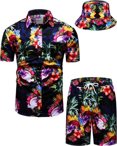 Vista 16 de TUNEVUSE Conjunto de camisas y pantalones cortos hawaianos para hombre, 2 piezas, trajes de playa con estampado de flores, traje tropical de verano