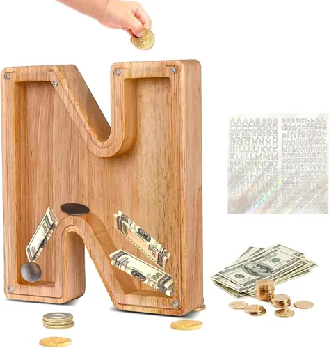 Vista 25 de Alcancía de Madera Personalizada con Letras del Alfabeto, Banco de Monedas con Letras del Alfabeto para Niños, Niñas y Bebés, Tamaño Grande, 26