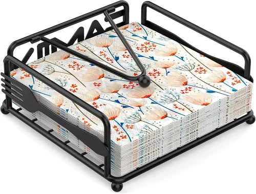 Vista 8 de Servilletero para mesa, dispensador de servilletas plano con brazo pesado, soporte cuadrado de papel de cóctel de elegante hierro rústico
