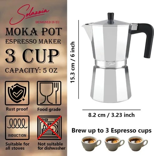 Vista 4 de Cafetera de café expreso italiano para estufa de 3 tazas, cafetera cubana, olla Greca Mocha (básica, 5 oz/5.1 fl oz)