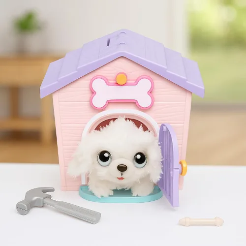 Vista 7 de Little Live Pets Mi casa de mi cachorro Mini Set de juego, Rosa, Perro de juguete con juguetes de casa de perro, Juguete de peluche personalizable