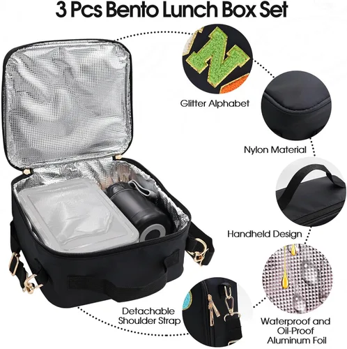 Vista 2 de Bolsa de almuerzo aislada para niños y niñas con termo de 10 onzas, con caja Bento de 6 compartimentos, lonchera de nailon negro preppy con correa