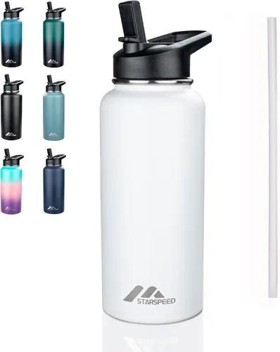 Vista 9 de StarSpeed Botella de agua aislada de 32 onzas con tapa con pajilla, botella de agua al vacío de doble pared de acero inoxidable, botella de agua