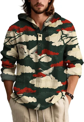 Vista 8 de Sudadera con capucha con estampado floral colorido para hombre, con botones, holgada, de manga larga, sudadera con capucha de gran tamaño para otoño