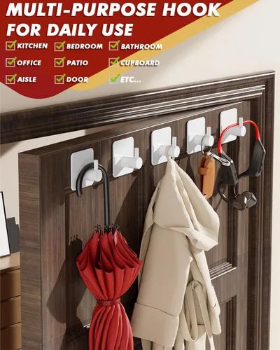 Vista 6 de Auxmir Ganchos adhesivos resistentes de 22 libras (máx.), paquete de 5 toalleros autoadhesivos sin daños, acero inoxidable para abrigo, impermeable
