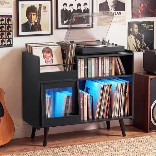 Vista 3 de Giantex Soporte grande para tocadiscos con luz LED, soporte para tocadiscos moderno de mediados de siglo con puerta deslizante, estación de carga