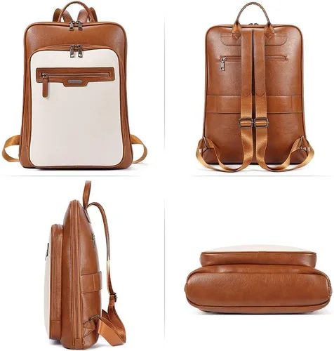 Vista 6 de CLUCI Mochila de cuero para computadora portátil de 15.6 pulgadas para mujer, mochila grande de viaje para negocios, trabajo, color blanco roto