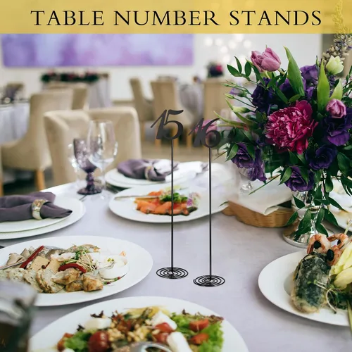 Vista 4 de Therwen 20 piezas Números de mesa de metal 1-20 Números de mesa para recepción de boda Figura de escritorio de acero inoxidable de 30 cm con base