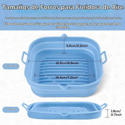 Vista 3 de [Paquete de 2] Forros cuadrados de silicona para freidora de aire – Cesta reutilizable para freidora de aire – Olla fácil de limpiar para freidora 2