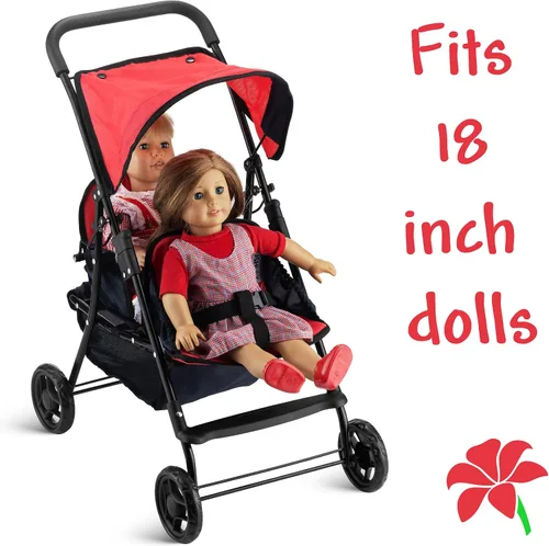 Vista 5 de Hushlily® Tandem - Cochecito de muñeca doble con toldo ajustable y cesta, plegable, con ruedas suaves (rojo y azul)