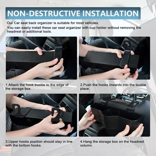 Vista 5 de Organizador de asiento trasero para automóvil con portavasos – Organizador multifuncional para asiento trasero con dos ganchos de asiento, se adapta