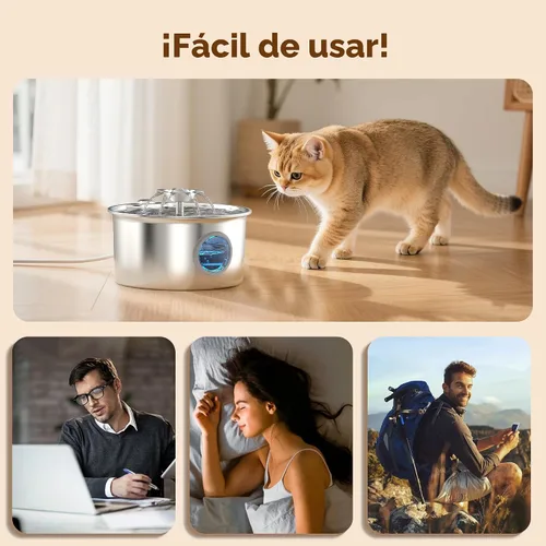 Vista 7 de Fuente de agua para gatos de acero inoxidable: fuente para mascotas ultra silenciosa de 88 oz/2.6 L con pico de gatito con flores y dispensador