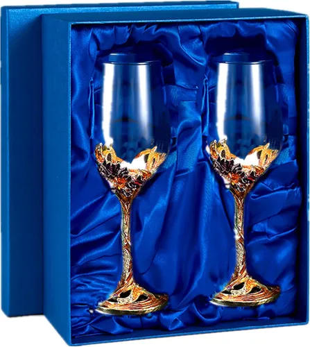 Vista 8 de Copas de vino transparentes hechas a mano, copas de vino tinto, juego de 2 Copas florales esmaltadas en azul, diseño artesanal, juego de 2