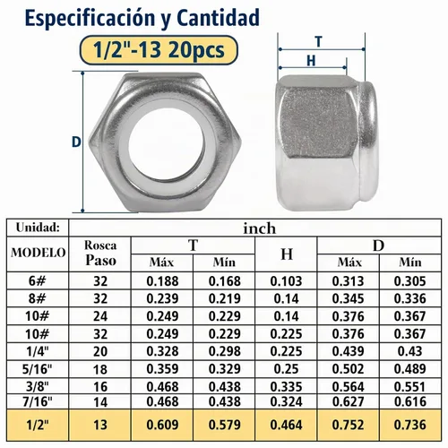 Vista 2 de Paquete de 20 tuercas de bloqueo de 1/2"-13 pulgadas, tuercas de bloqueo de acero inoxidable 304 (A2-70) con inserto de nailon, tuercas de bloqueo