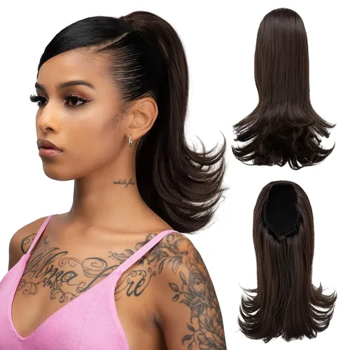 Vista 20 de Extensiones de cabello rizado con cordón para mujeres negras, 16 pulgadas de largo, sintético, afro, esponjoso, en capas, extensión de cola