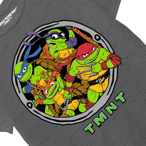 Vista 2 de Teenage Mutant Ninja Turtles Camiseta TMNT Mutant Mayhem Movie Sewer Character Group para niños, Leo, Donnie, Raph, Mikey