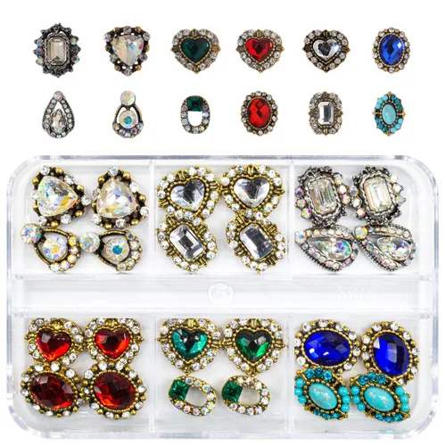 Vista 22 de 24 piezas de piedras brillantes negras para uñas, dijes de uñas de lujo, dijes de corazón negro de jet para uñas, gemas grandes de 3D para uñas