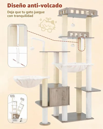 Vista 8 de Heybly Árbol para Gatos, Torre Alta de Madera de 70.5 Pulgadas para Gatos Grandes de Interior con Estructura Extra Estable, Muebles Modernos