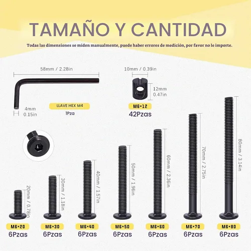 Vista 2 de Swpeet 84 piezas de tornillos negros M6 × 20/30/40/50/60/70/3.150 in, cabeza hexagonal, cunas, perno de cama de bebé y tuercas de barril con 1 llave