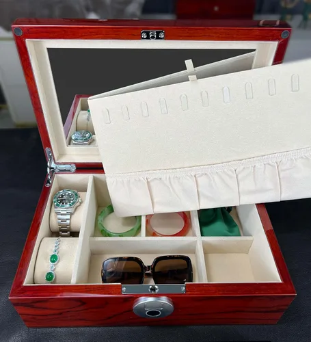 Vista 8 de Joyero de madera con cerradura de huellas dactilares, caja de almacenamiento y organizador para mujeres, con colgador de collar y espejo