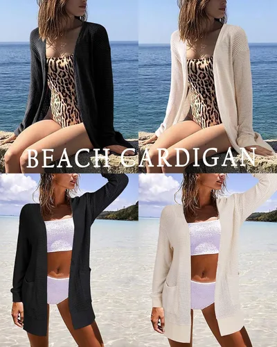 Vista 4 de STYLEWORD Suéter de moda otoñal para mujer, tejido ligero informal con la parte delantera abierta, cárdigan largo con bolsillos