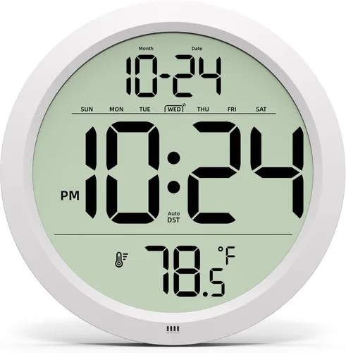 Vista 10 de Reloj de pared digital con fecha, temperatura interior, DST automático, reloj digital a batería, reloj de pared decorativo pequeño de 8 pulgadas