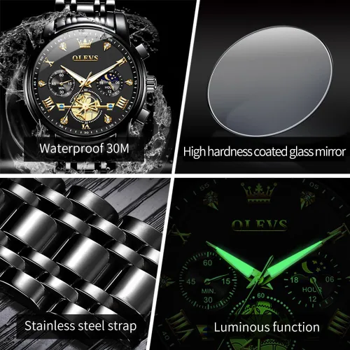 Vista 6 de OUPINKE Mens Watches Fashion Sport WristWatches Multifunction Chronograph Analog Quartz Luminous Waterproof Calendar Stainless Steel Bracelet