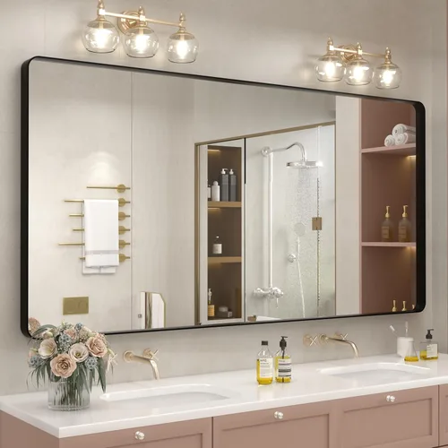 Vista 122 de Paquete de 2 espejos de baño con marco de metal negro de 22 x 30 pulgadas, espejo rectangular redondeado negro mate, antioxidante, se cuelga