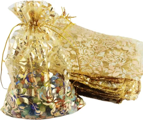 Vista 4 de QIANHAILIZZ 5 x 7 pulgadas 100 piezas corazón flor organza joyería bolsa de regalo bolsa de caramelo bolsa cordón boda favor bolsas P835