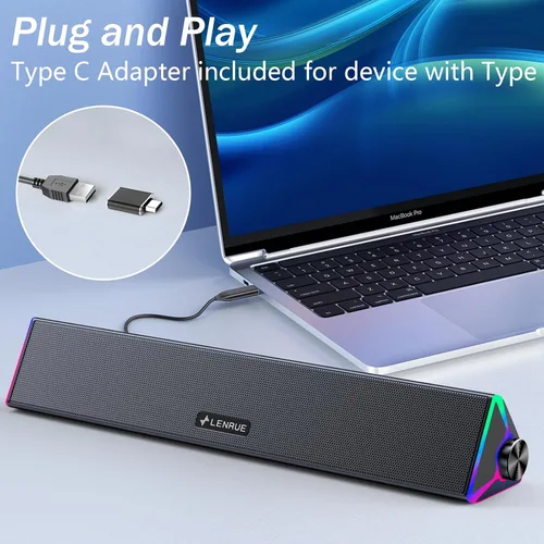 Vista 10 de LENRUE Altavoces de computadora para escritorio, altavoces de PC con un solo USB para alimentación y sonido estéreo, luces táctiles, altavoces