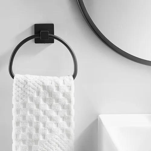 Vista 2 de Leyden Toallero de mano negro mate, anillo de toalla de baño, colgadores de toalla de mano de baño montado en la pared medio redondo moderno