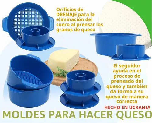 Vista 5 de Kit de fabricación de queso, 2 piezas de molde de queso con pistón seguidor azul y gasa de algodón, cesta para queso, molde para queso