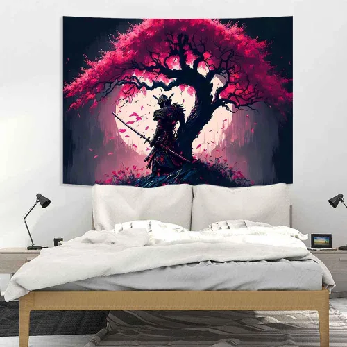 Vista 5 de Ine Ive GTDWIE0297 - Tapiz samurái japonés para estética de dormitorio, luna llena, árbol de cerezo, 40 x 30 pulgadas, arte japonés para dormitorio