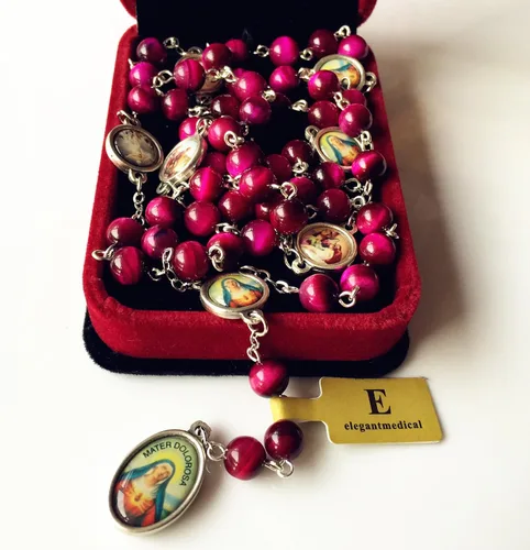 Vista 2 de elegantmedical Hecho a mano con cuentas de jade de ojo de tigre rojo raro, siete penas, medalla de María, rosario, regalo católico, Jade, No es una
