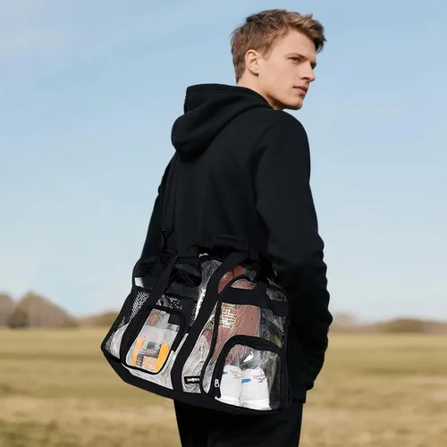 Vista 5 de Bolsa de lona transparente grande y resistente con compartimento para zapatos, bolsa de gimnasio transparente aprobada por estadios con correa