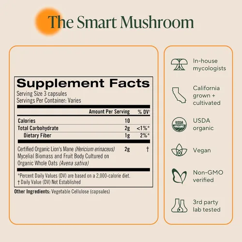 Vista 7 de Om Mushroom Superfood Suplemento de superalimento de cápsulas de hongos melena de león de 90 unidades, 30 días, cuerpo de fruta y micelio nootrópico