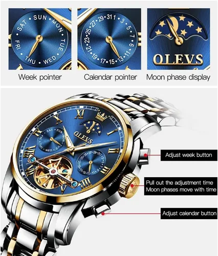 Vista 5 de OLEVS Relojes mecánicos automáticos para hombre, cuerda automática, impermeable, acero inoxidable, relojes de pulsera para hombre, reloj de lujo