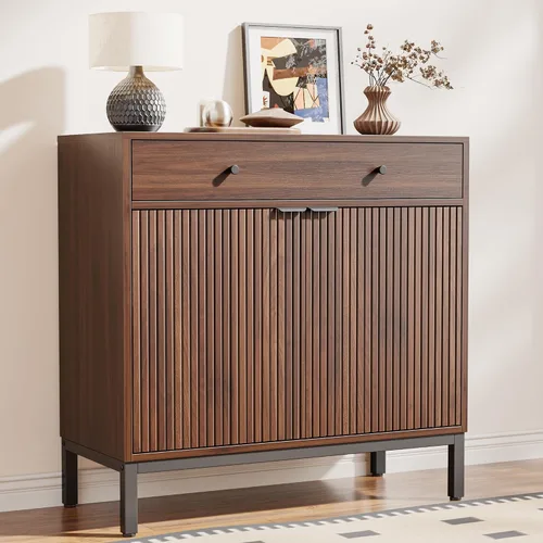 Vista 23 de Mericonia Aparador Buffet Gabinete Almacenamiento, Consola de madera moderna acanalada Credenza