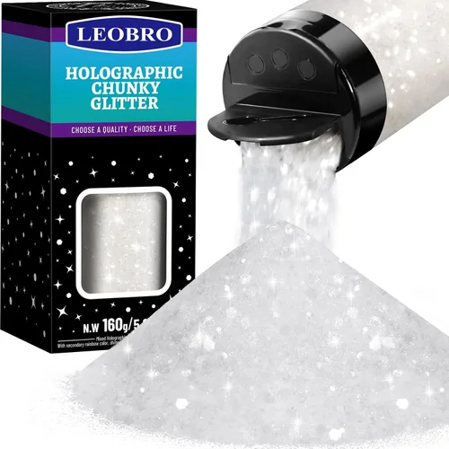 Vista 20 de Leobro - Purpurina blanca, 160g/5.64oz de purpurina holográfica gruesa para manualidades, resina, uñas, cuerpo, vasos, decoraciones de fiesta