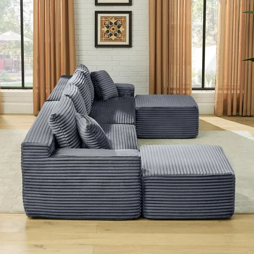 Vista 4 de Sofá seccional de nube en forma de U de 115 pulgadas, sofá modular comprimido sin hueso con diván otomano reversible, sofá simétrico de pana de Gris
