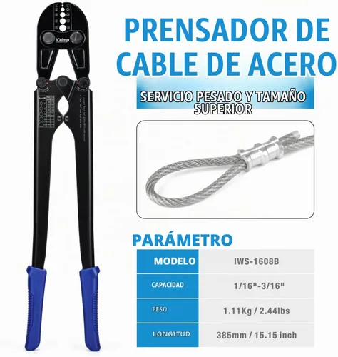 Vista 2 de iCrimp IWS-1608B Herramienta de prensado de cuerda de alambre para mangas de bucle de aluminio, virolas de cable ovaladas dúplex de 1/16 '' a 3/16