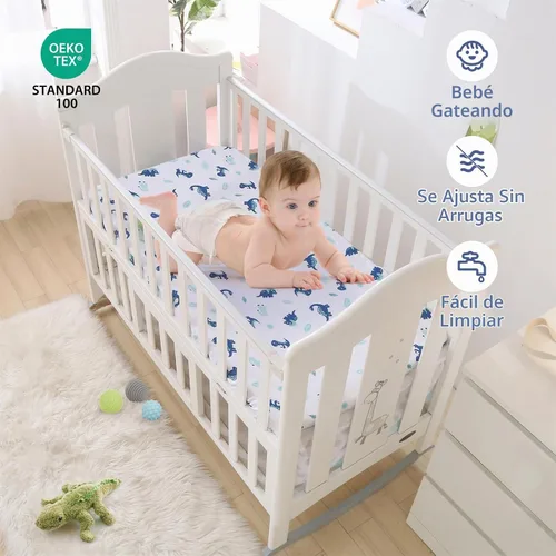 Vista 3 de Juego de ropa de cama para cuna de dinosaurio para niños, color azul, juego de ropa de cama de 3 piezas de alta calidad, juego de cuna de guardería