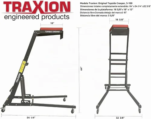 Vista 2 de Traxion 3-100 camilla automotriz con extremo plegable superior, Rojo y Negro